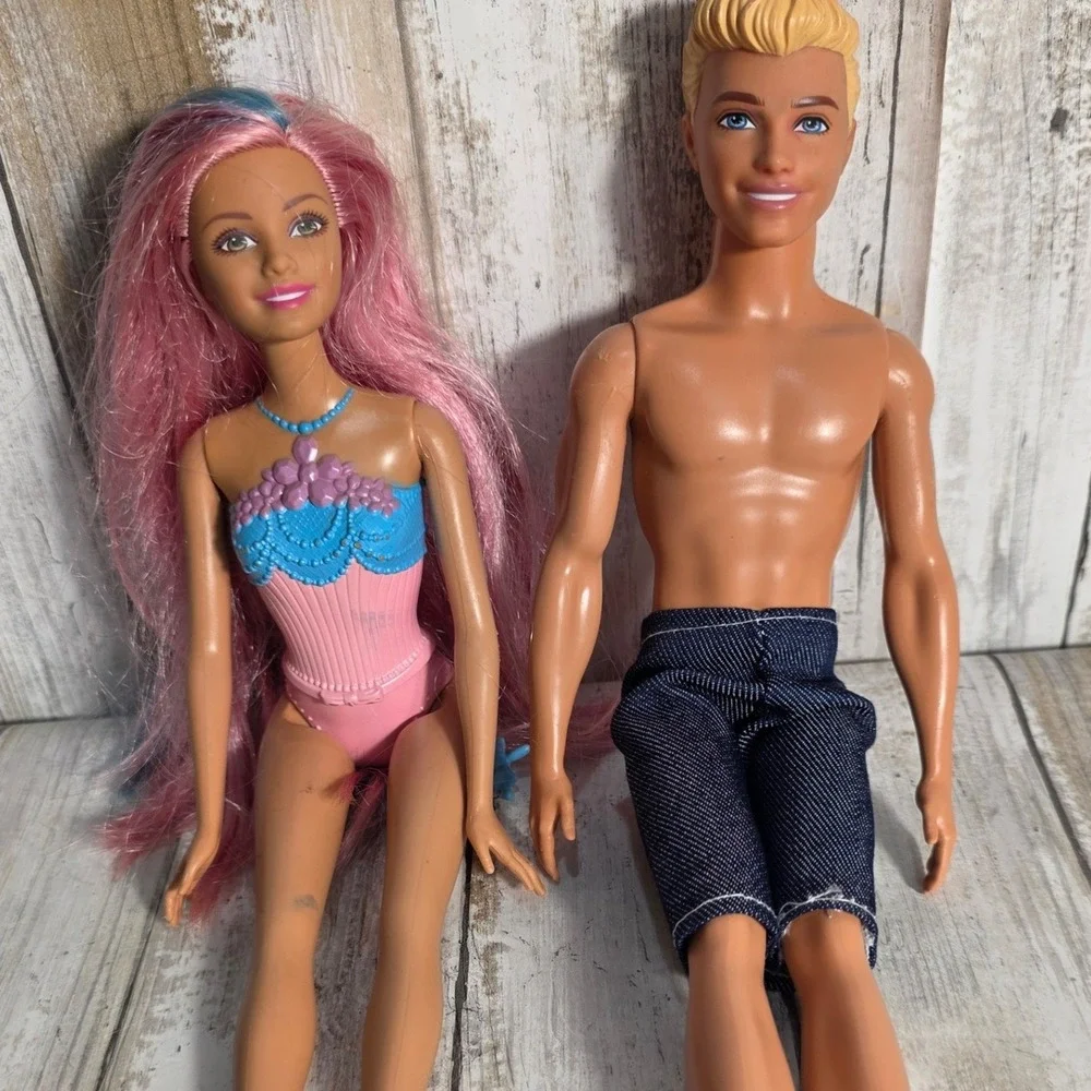 Mattel Barbie and Ken Doll Set Pink Hair Mermaid Bodice & Denim Trunks HJT10